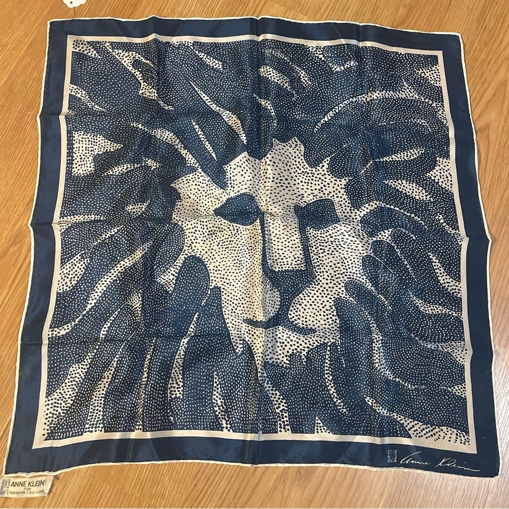 Vintage Designer Anne Klein Robinson and Golluber Navy Blue Silk scarf
